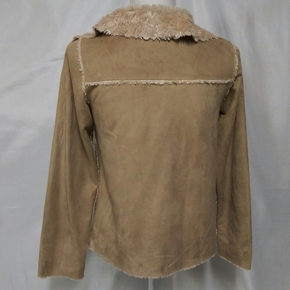 Reverse Vintage Tan Suede Faux Fur Collared Long Sleeve Button Up Jacket Coat - Picture 7 of 8